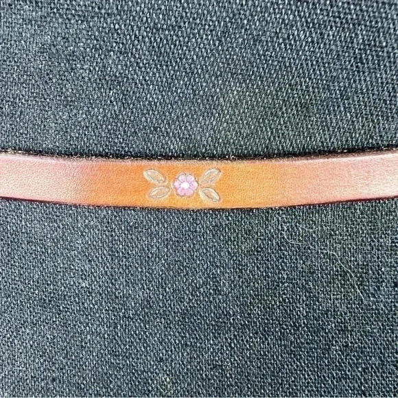 Saddle Brown Leather Skinny Women’s Belt with Copper Tone Carved Buckle - Picture 5 of 13